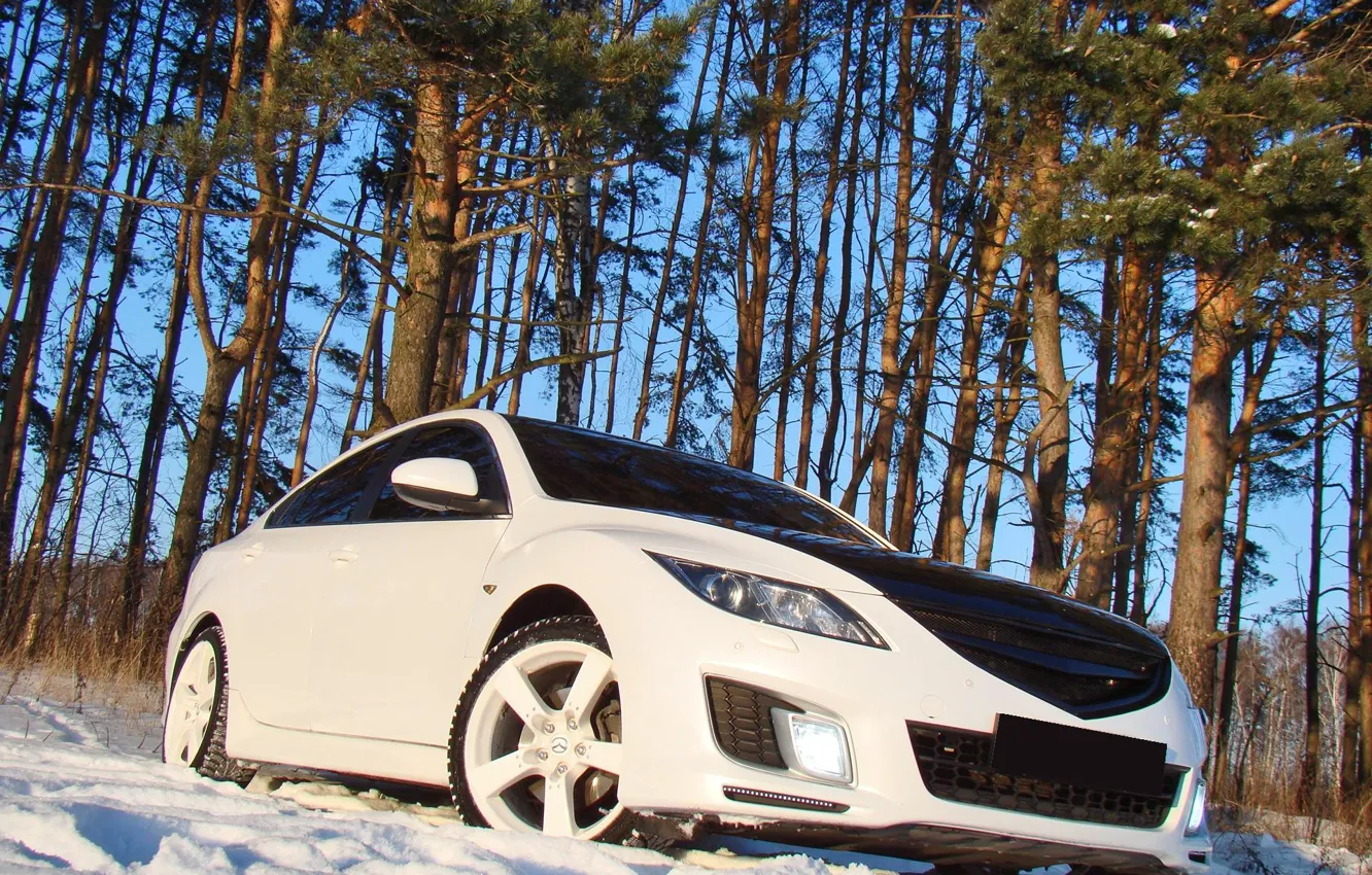 Photo wallpaper snow, trees, Mazda 6