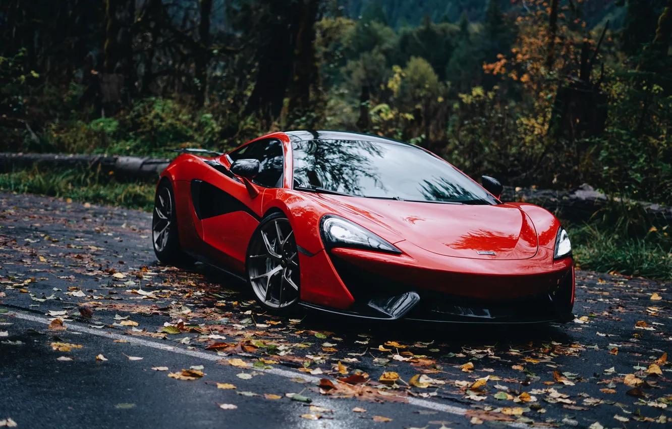 Photo wallpaper McLaren, red, car, McLaren 570S, yellow leaves