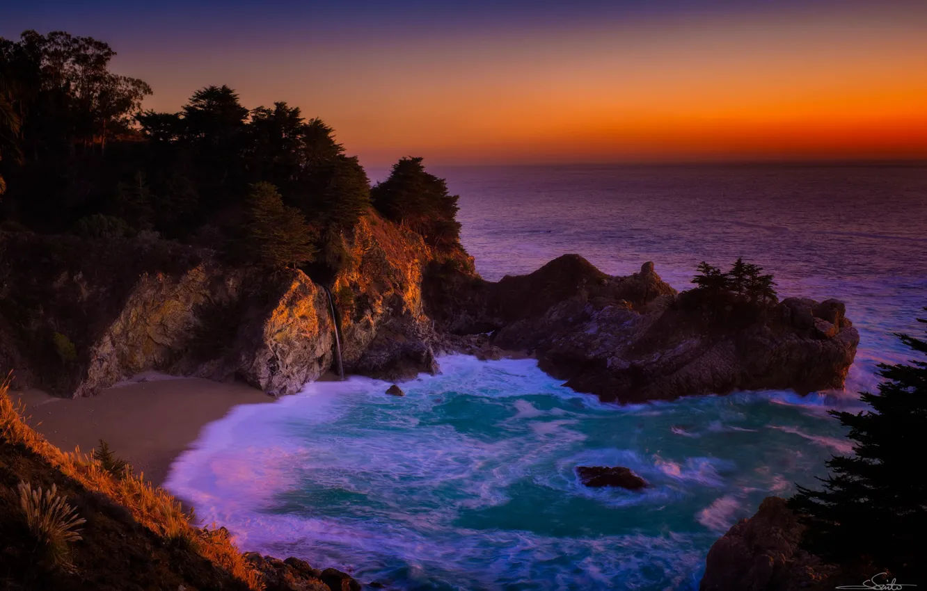 Photo wallpaper rocks, coast, waterfall, CA, landscape, seascape, California, The Pacific ocean