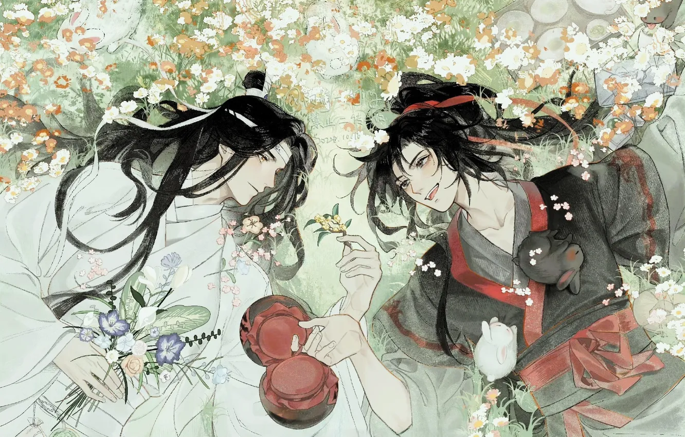 Photo wallpaper flowers, glade, bouquet, rabbit, pitcher, Mo Dao Zu Shi, Lan Wangji, Wei Wuxian