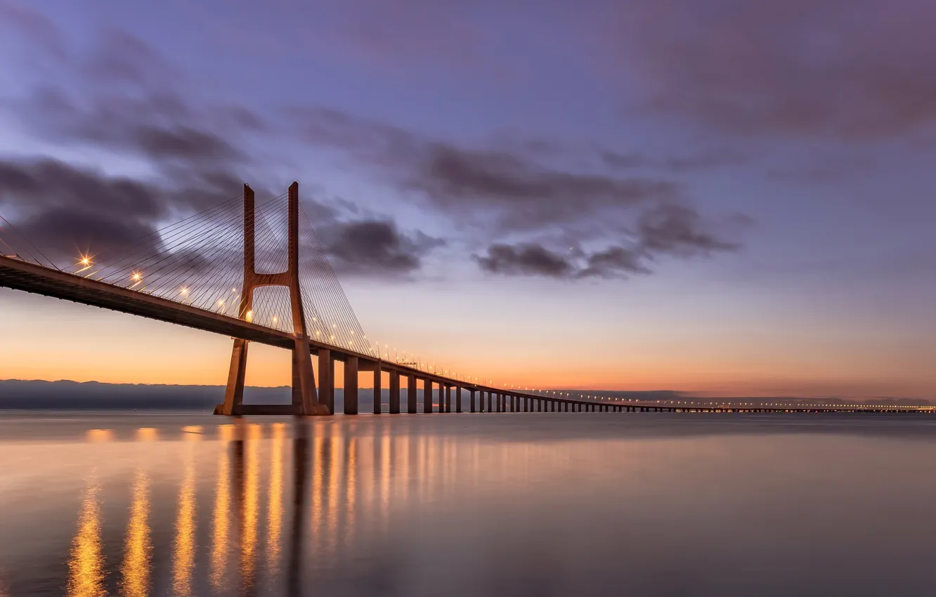 Photo wallpaper bridge, lights, support, Portugal, Lisbon, Vasco da Gama