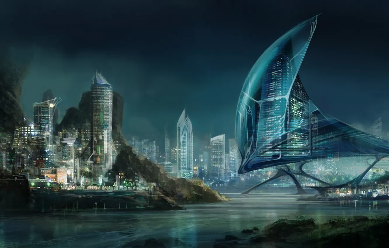 Photo wallpaper night, the city, lights, fiction, building, sci-fi, Night cityscape, SID75