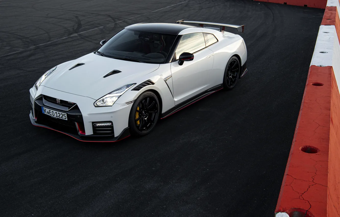 Photo wallpaper white, Nissan, GT-R, R35, Nismo, 2020, 2019, near the fence