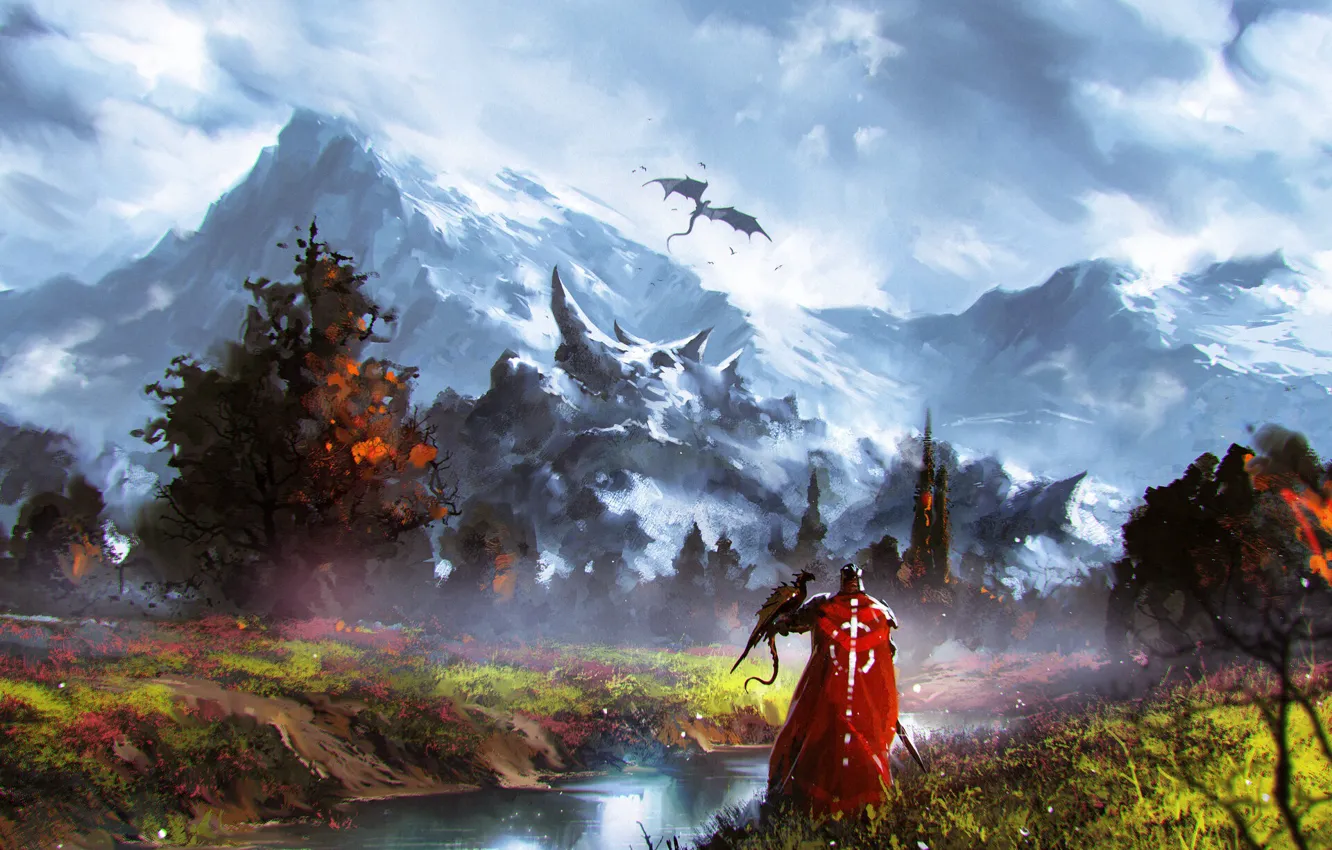 Photo wallpaper fantasy, river, trees, landscape, mountain, digital art, artwork, fantasy art