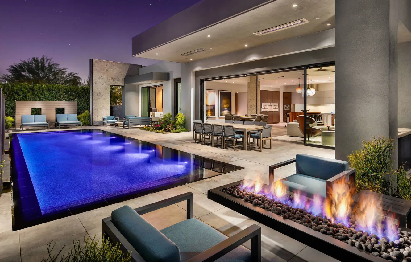 Photo wallpaper interior, pool, kitchen, hearth, Arizona, terrace, living room, exterior