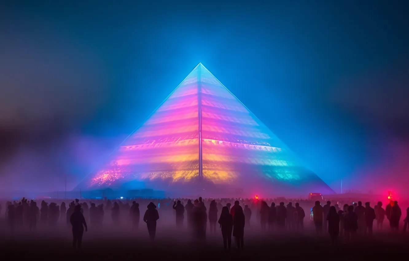 Photo wallpaper graphics, wallpaper, glow, people, fog, Neon, picture, pyramid