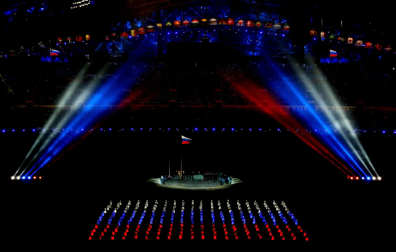 Photo wallpaper flag, Russia, tricolor, Olympics, Olympic games, Sochi, 2014, the stadium fischt
