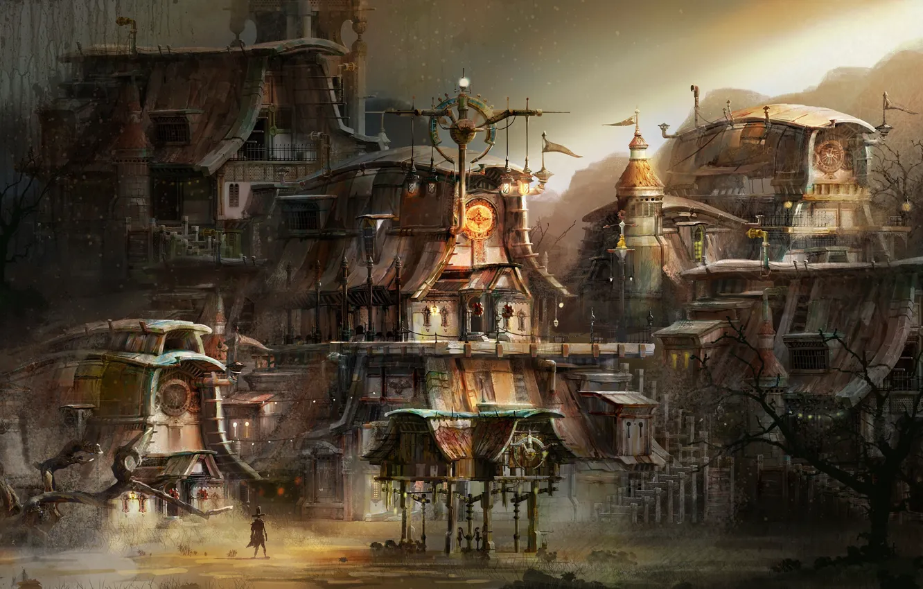 Photo wallpaper mountains, home, buildings, piling up, steam punk town concept