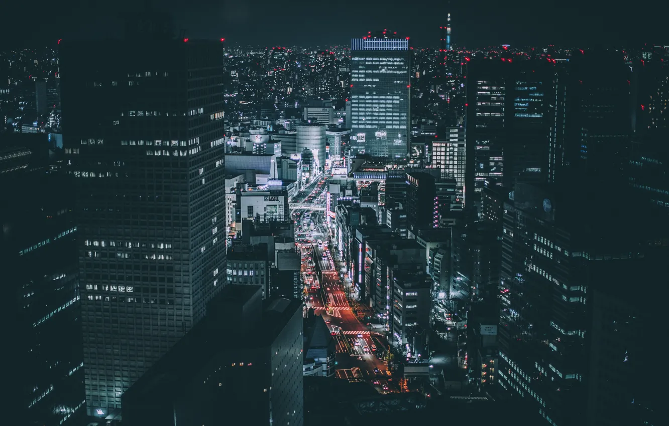 Photo wallpaper road, night, the city, lights, building, home, skyscrapers, Japan