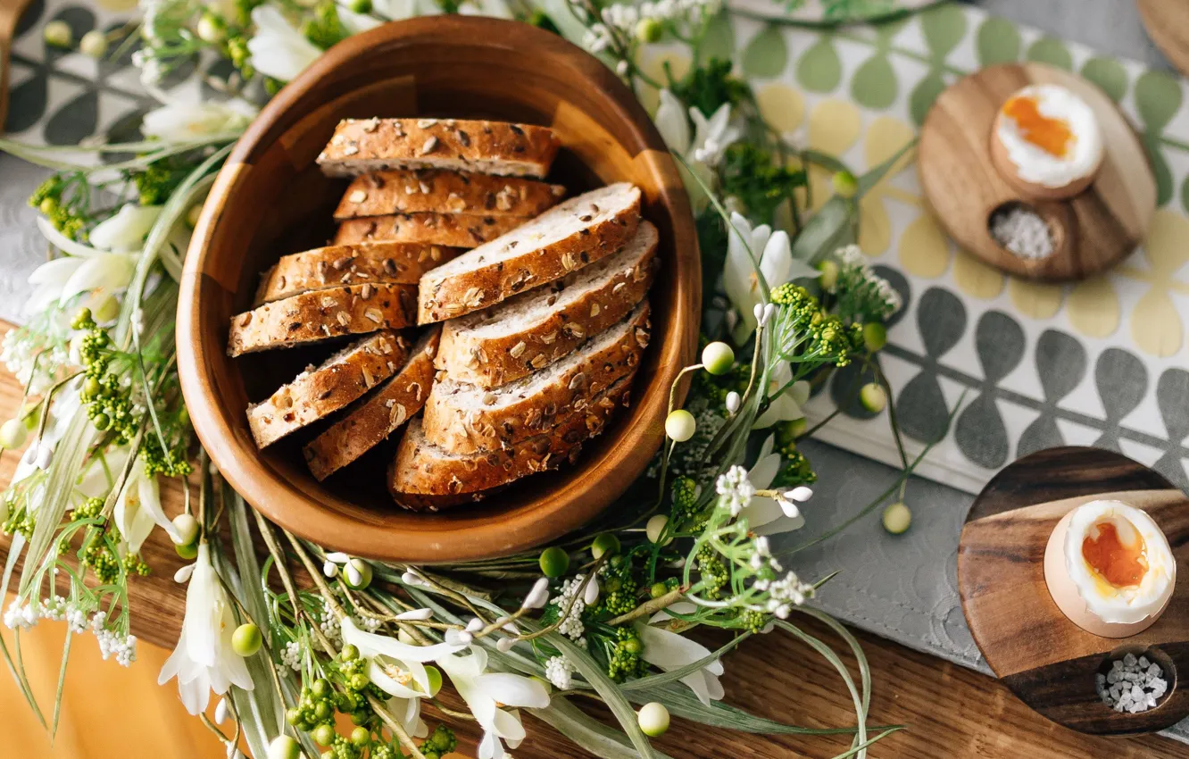 Photo wallpaper greens, flowers, table, eggs, bouquet, Breakfast, bread, bowl