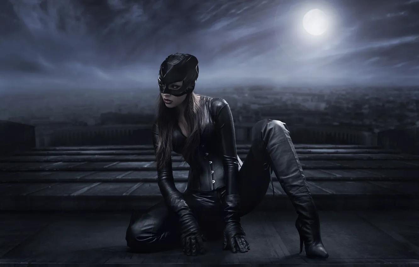 Photo wallpaper girl, pose, boots, mask, costume, Catwoman, Catwoman, look. eyelashes