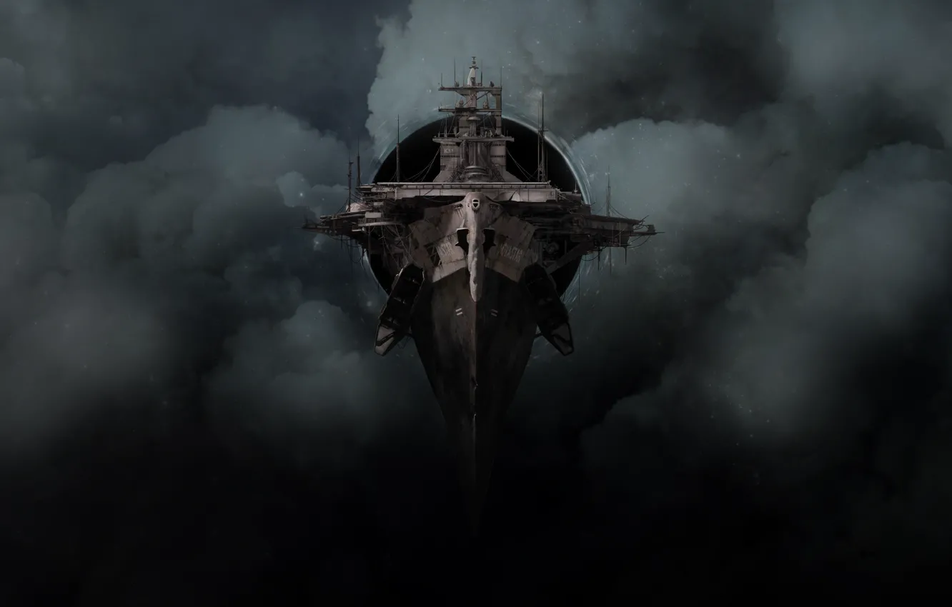 Photo wallpaper The sky, Clouds, Ship, The ship, Clouds, Sky, Black hole, Spaceship