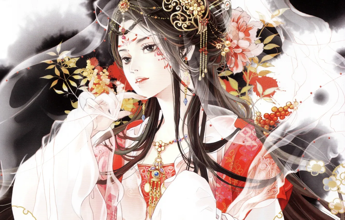 Photo wallpaper girl, decoration, flowers, berries, veil, art, peonies, transparent fabric