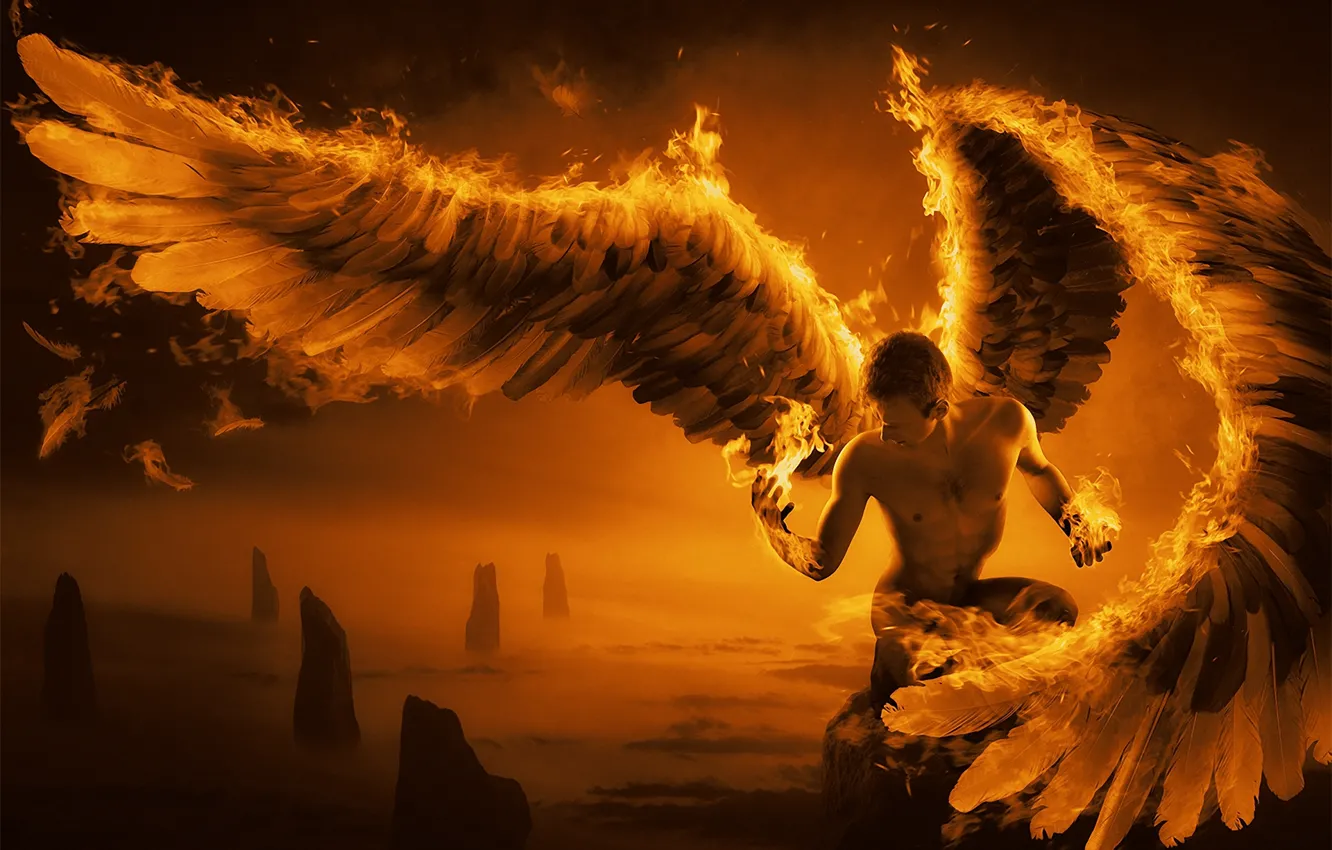 Photo wallpaper lights, rocks, wings, feathers, art, guy