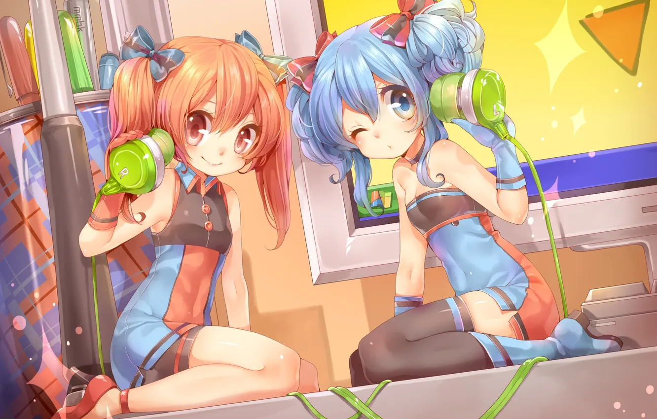 Photo wallpaper girl, smile, music, Desk, anime, headphones, handle, monitor