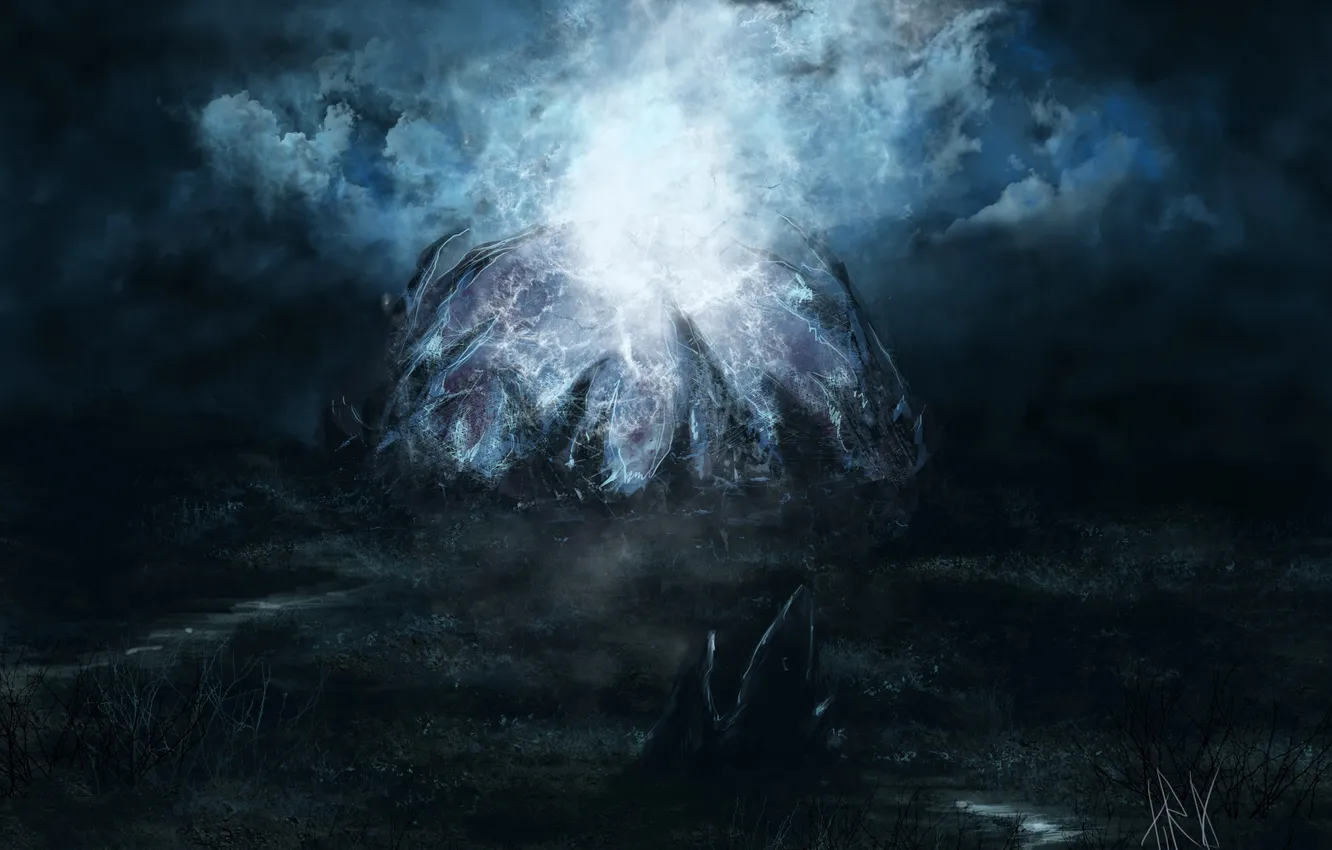 Photo wallpaper night, clouds, rocks, magic, lightning, art, sphere