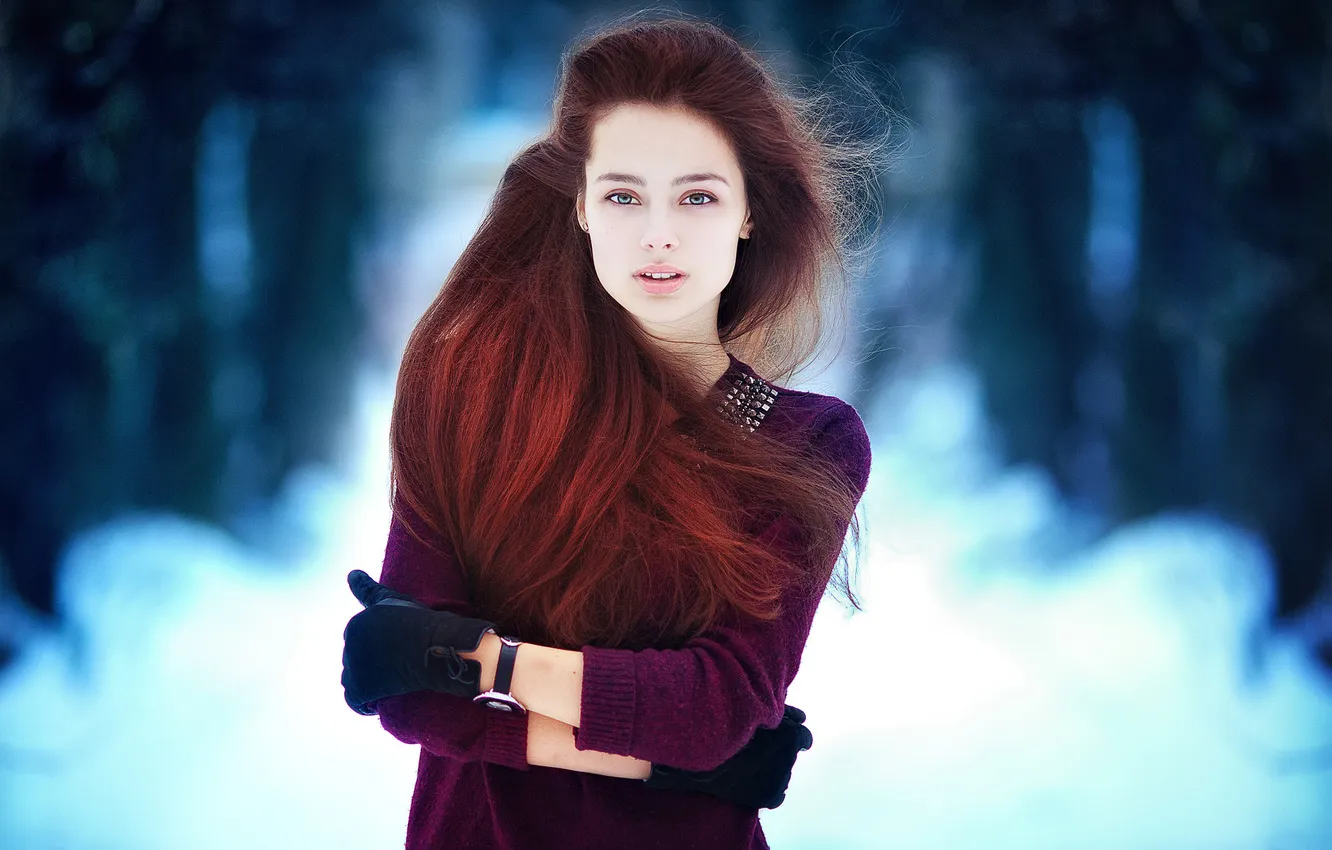 Photo wallpaper winter, girl, background, gloves, red, sweater, Red