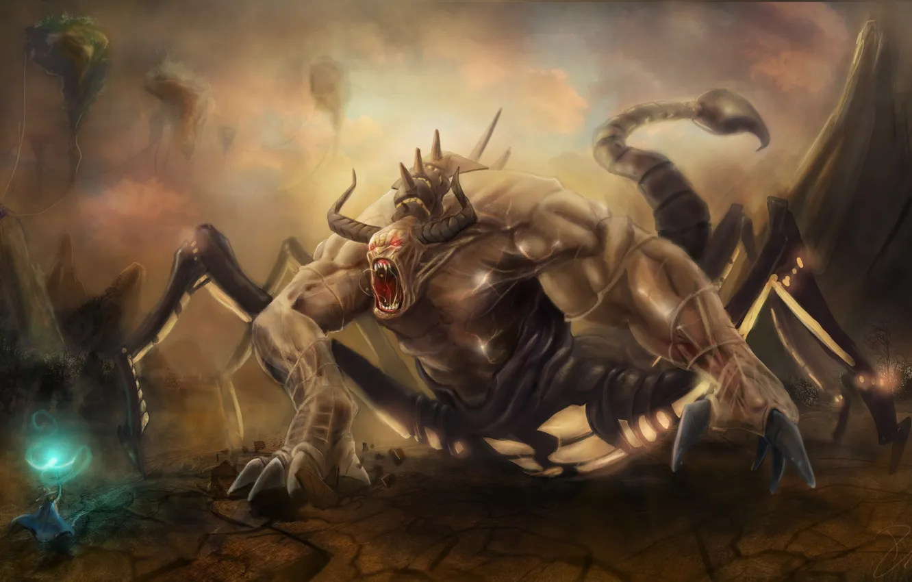 Photo wallpaper mountains, Monster, mouth, MAG, fight, Chimera