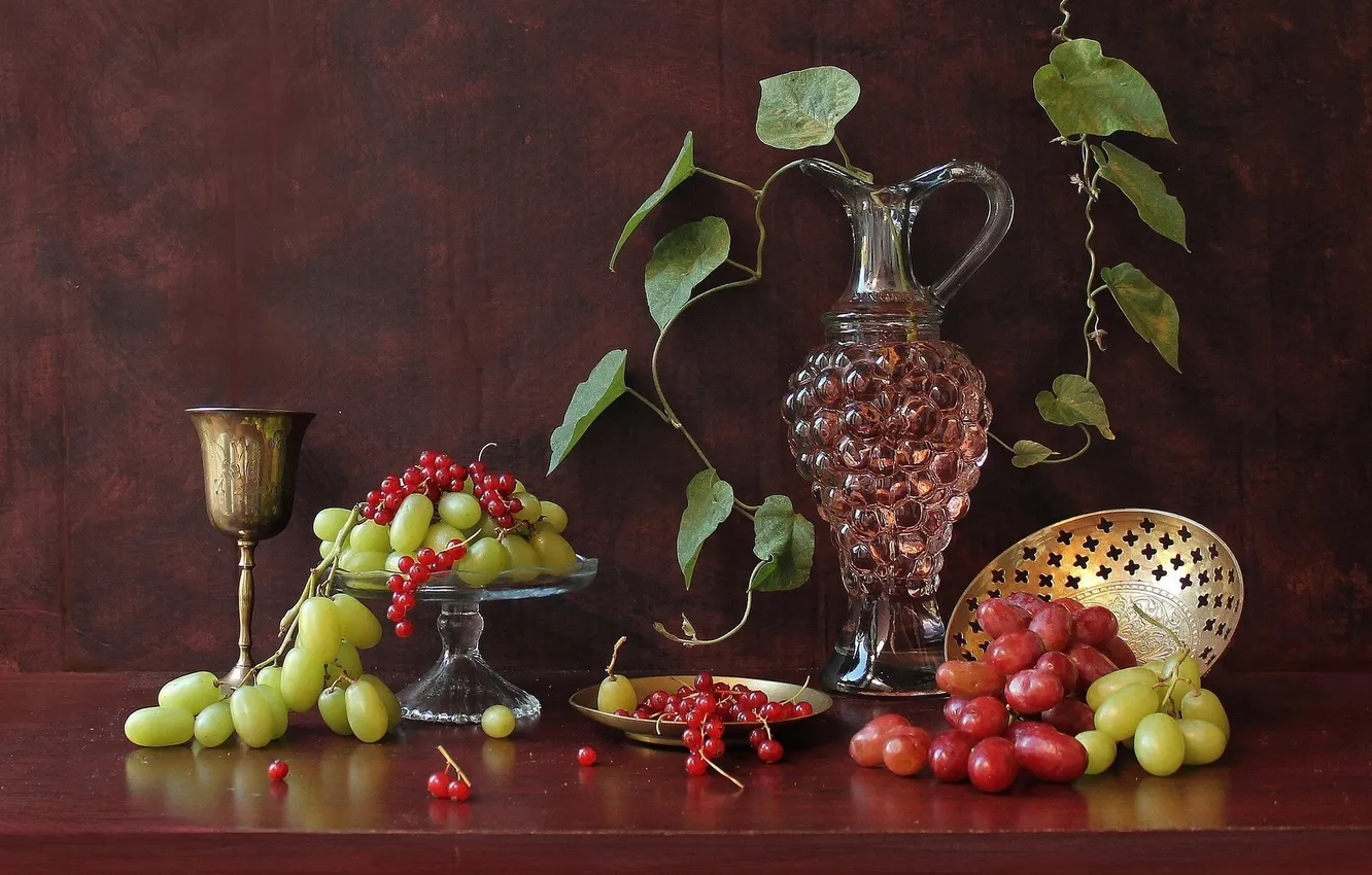 Photo wallpaper leaves, wine, glass, grapes, pitcher, still life, red currant