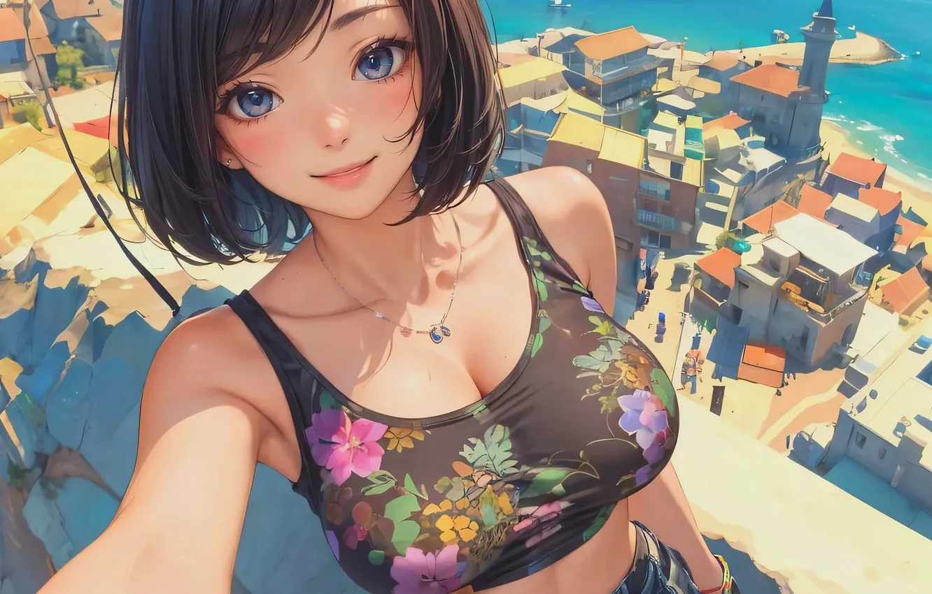 Photo wallpaper kawaii, girl, colourful, cleavage, boobs, anime, short hair, breasts