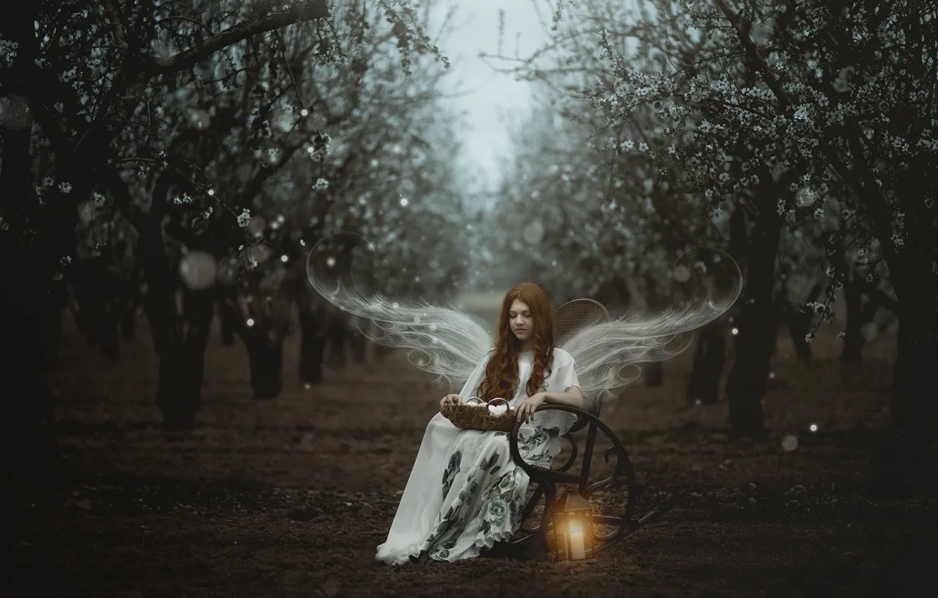 Photo wallpaper girl, light, trees, flowers, branches, nature, glade, wings