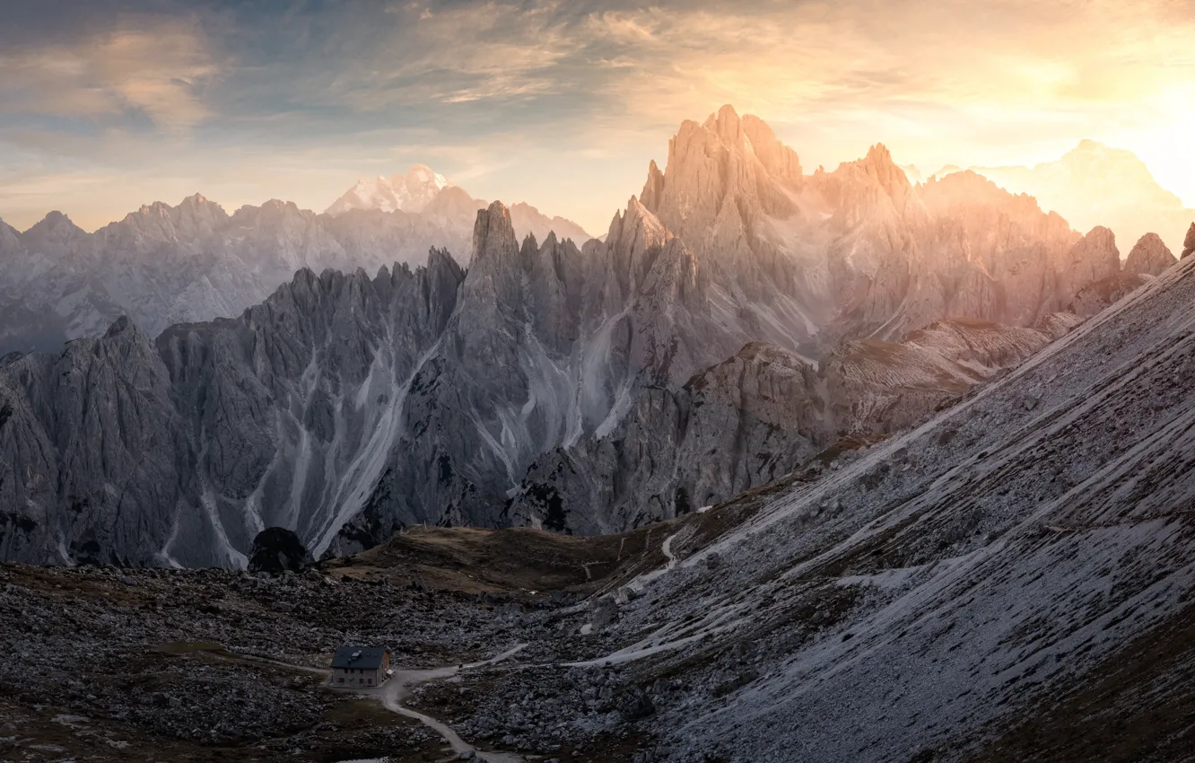 Photo wallpaper the sun, light, mountains, rocks, tops, morning, The Dolomites