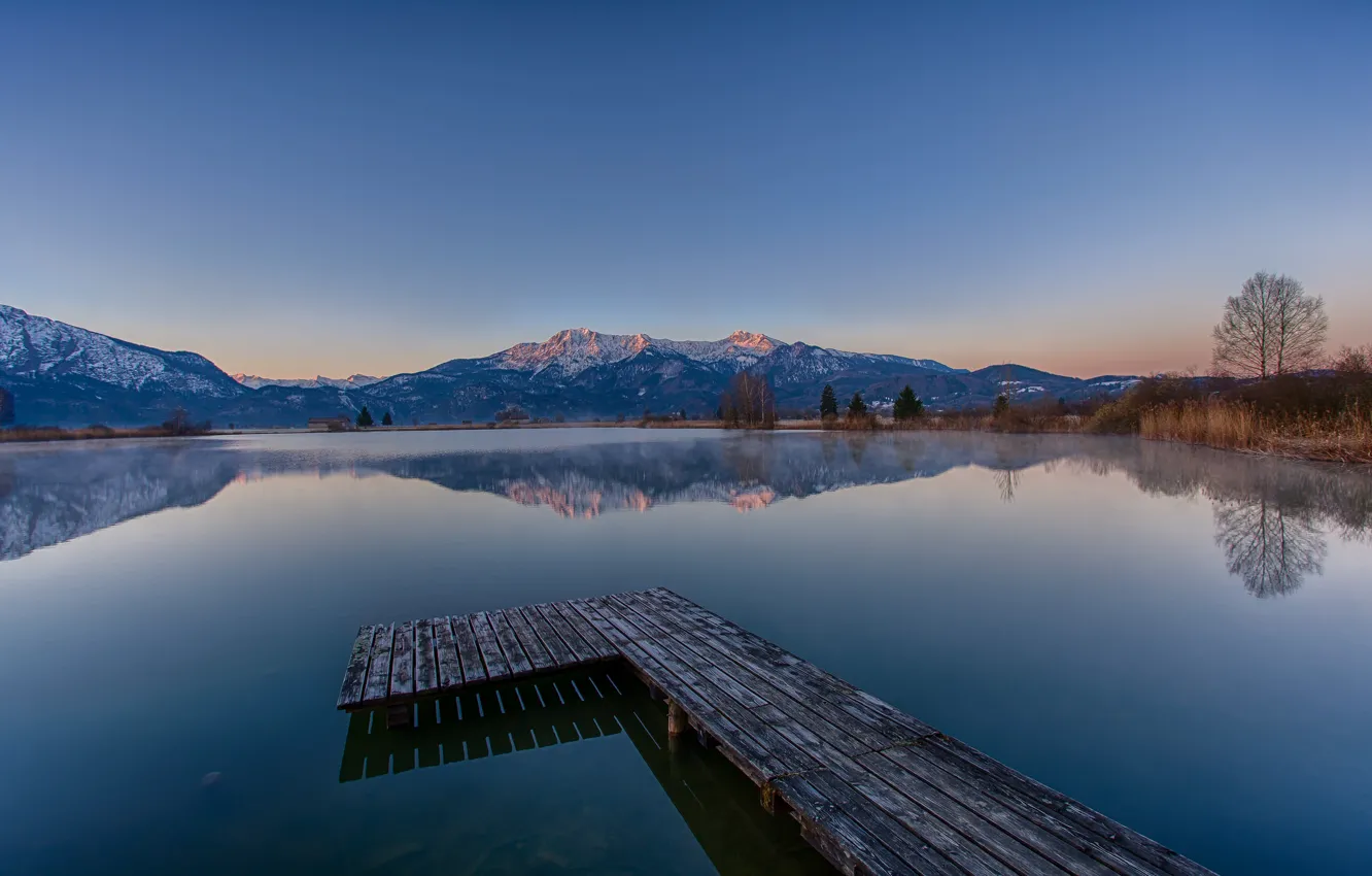 Photo wallpaper mountains, lake, dawn, morning