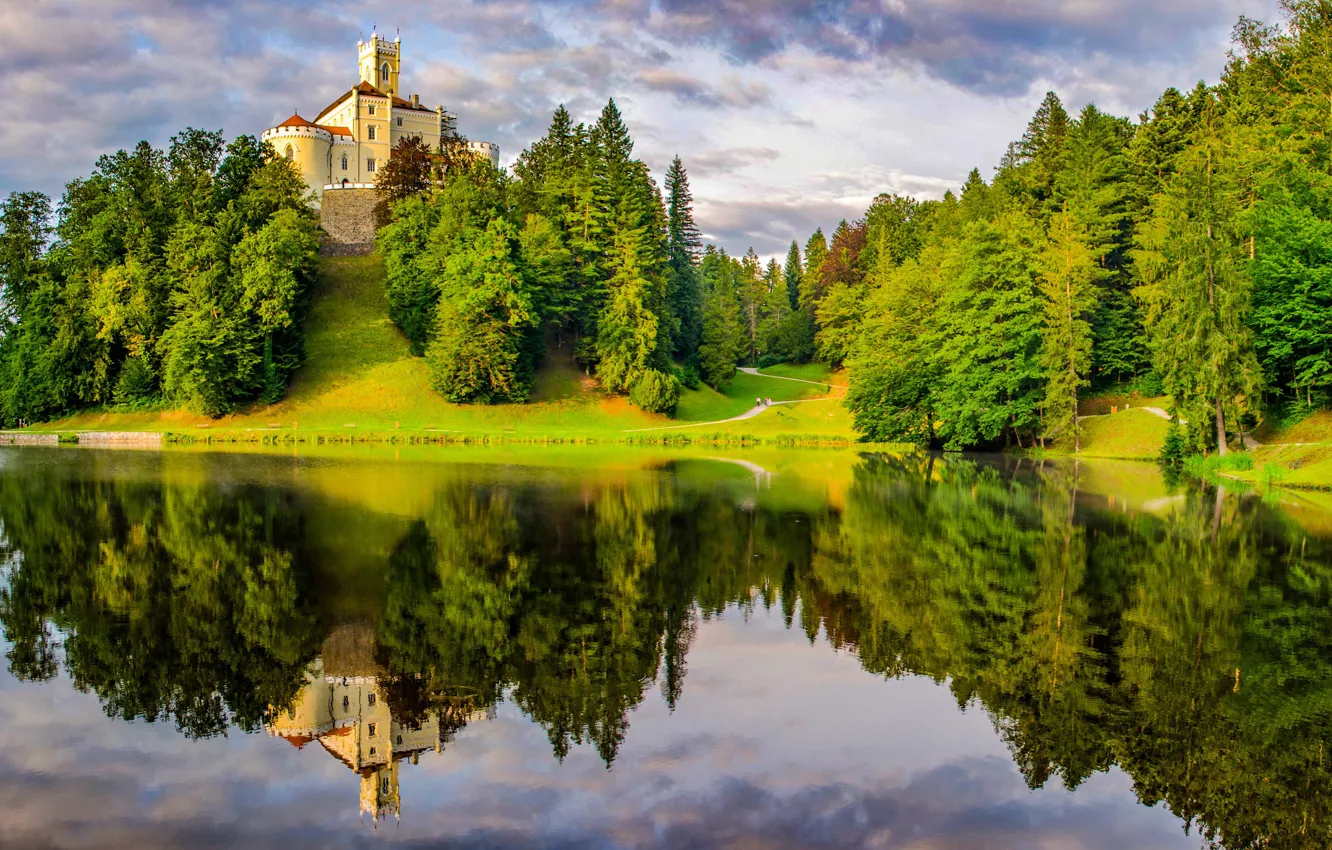 Photo wallpaper trees, landscape, nature, lake, reflection, castle, hill, panorama