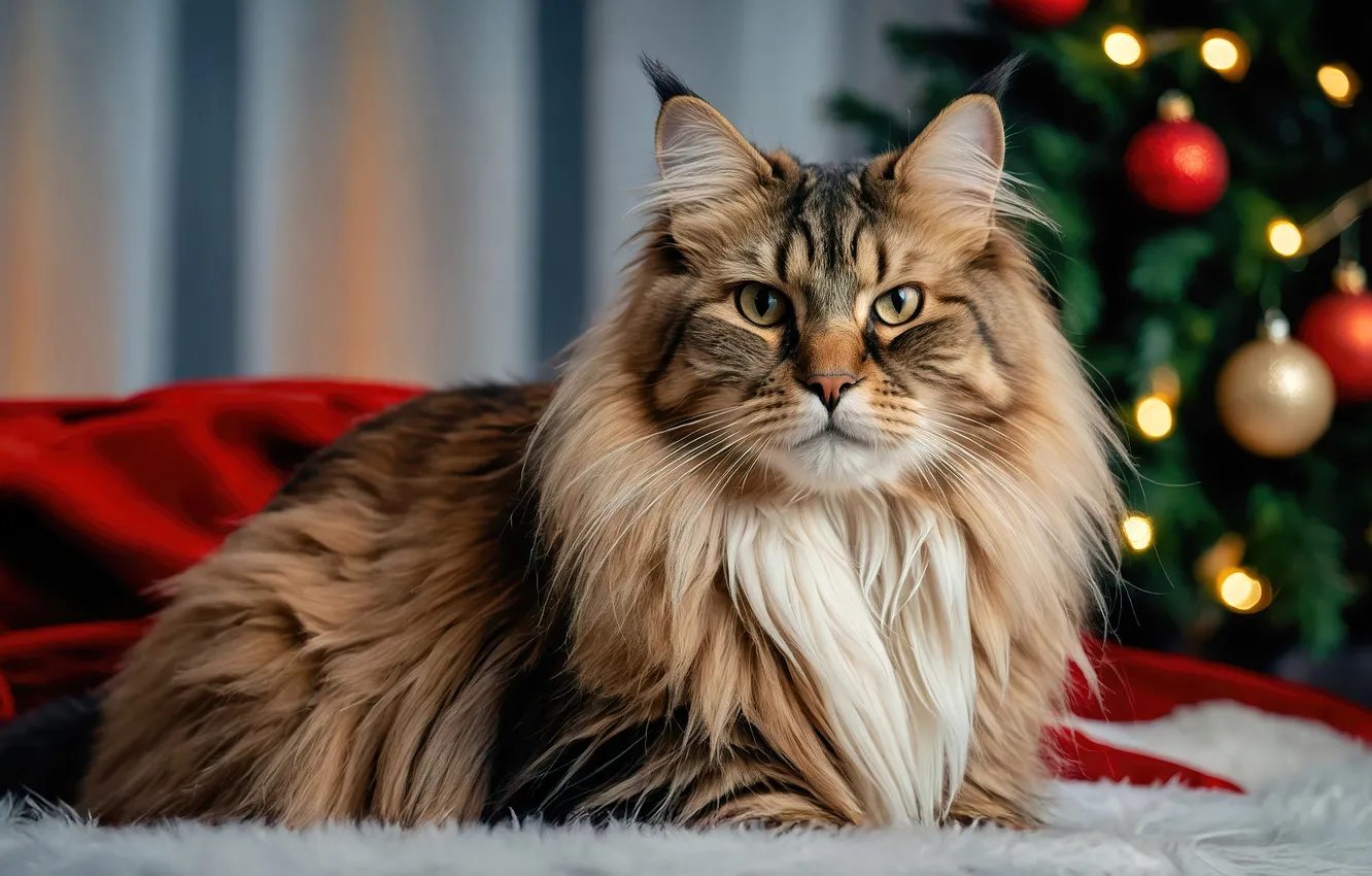 Photo wallpaper cat, tree, new year, Maine Coon