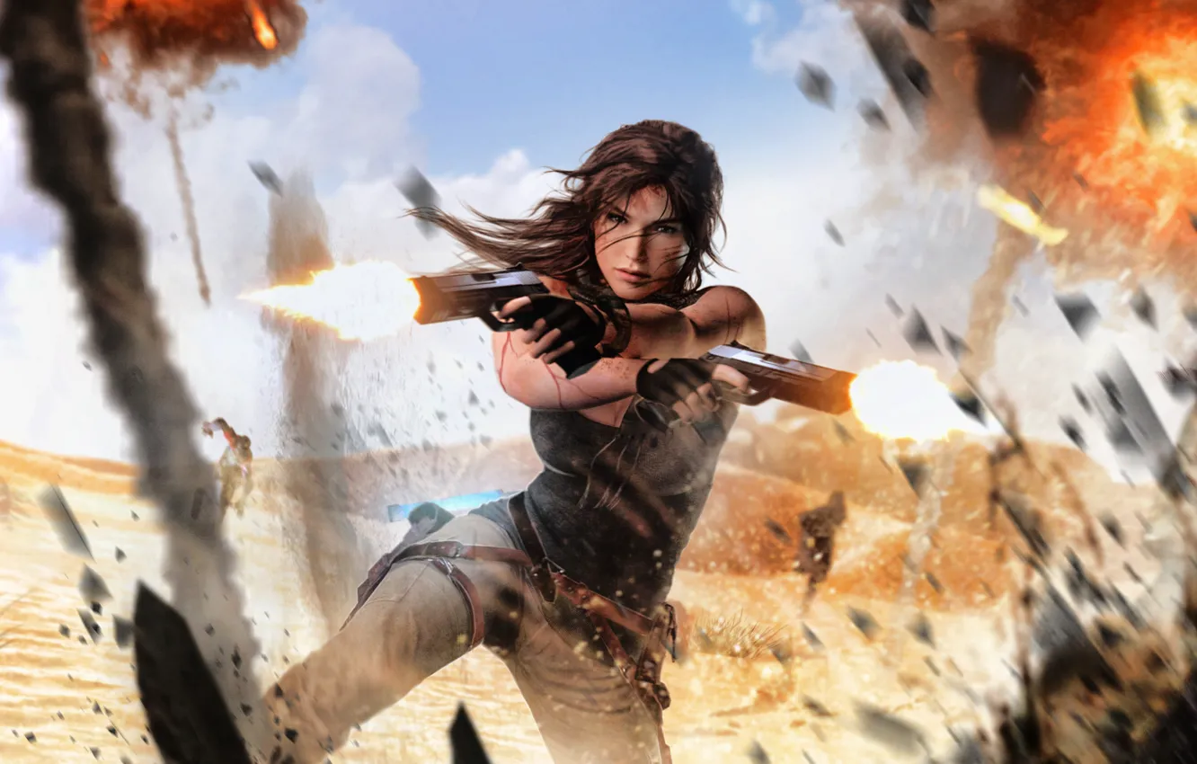 Photo wallpaper girl, the explosion, gun, desert, Tomb Raider, Lara Croft