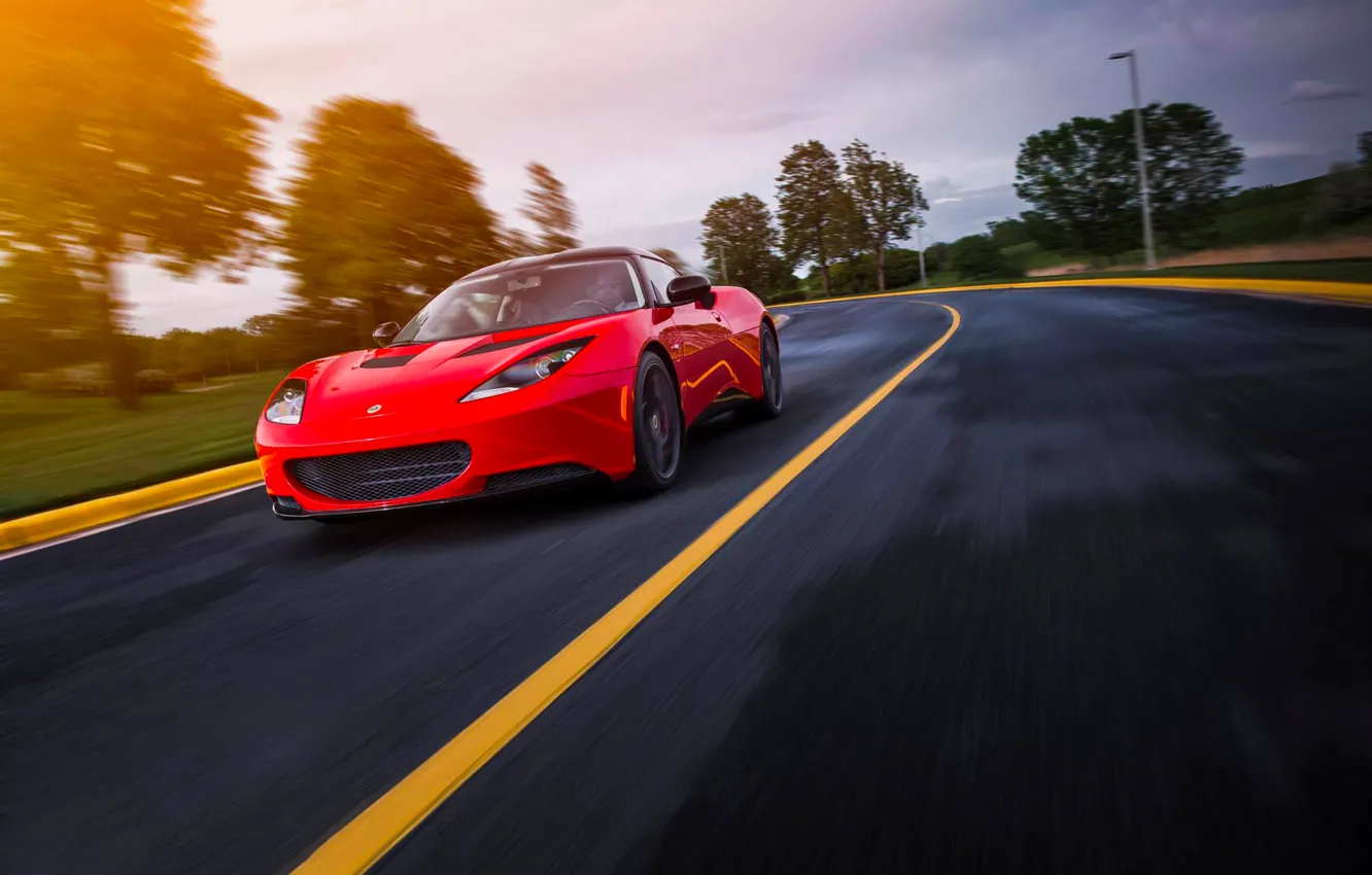 Photo wallpaper Lotus, Red, Car, Speed, Front, Sun, Sport, Road