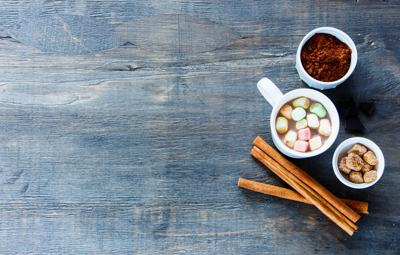 Photo wallpaper hot, wood, cup, chocolate, marshmallow