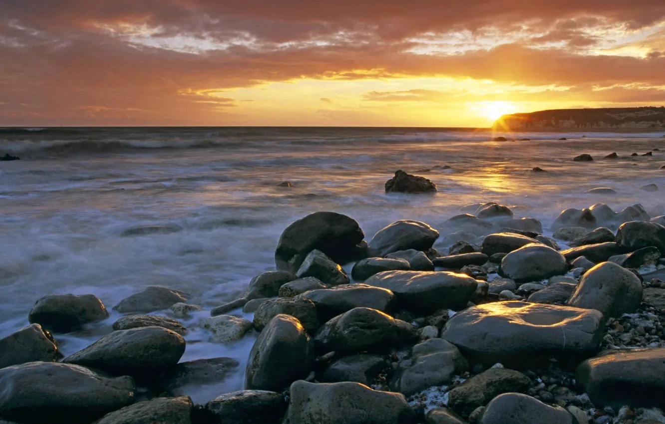 Photo wallpaper sea, sunset, stones, shore