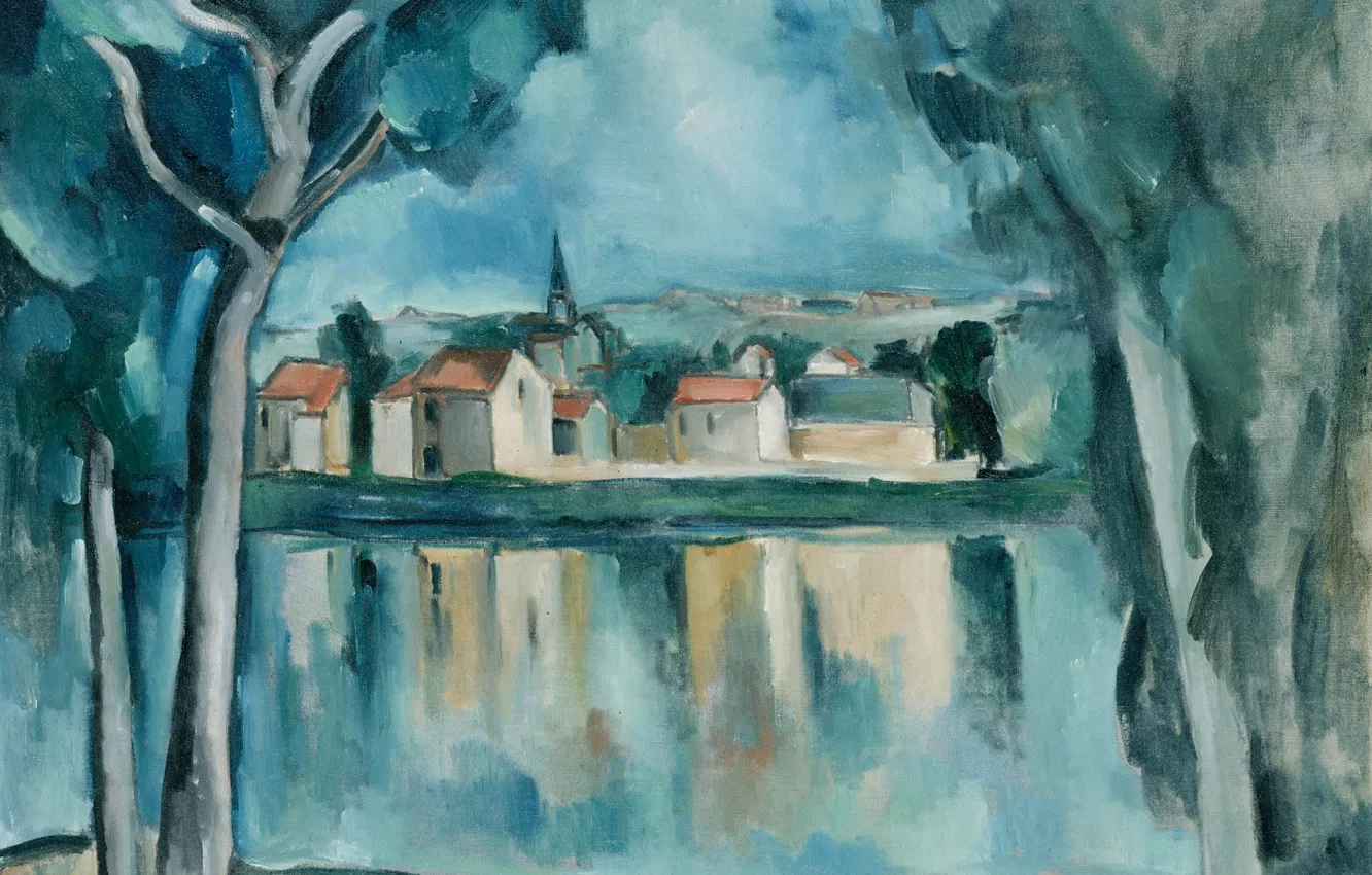 Photo wallpaper trees, landscape, home, picture, Maurice de Vlaminck, The city by the lake