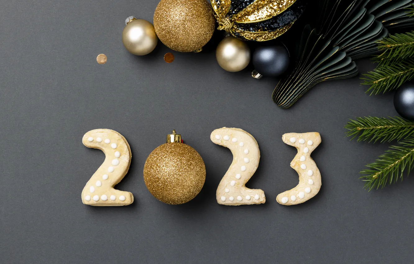 Photo wallpaper balls, branches, blue, new year, cookies, figures, gold, grey background