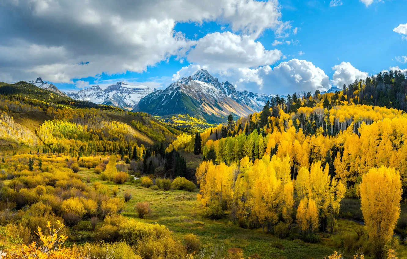 Photo wallpaper autumn, the sky, trees, mountains, sky, trees, autumn, mountains