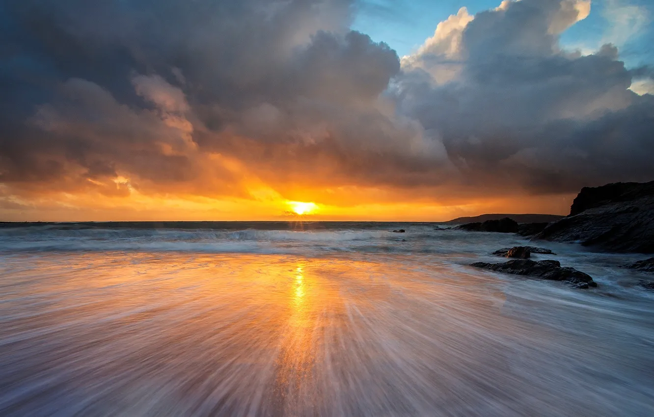 Photo wallpaper sea, wave, the sky, water, the sun, clouds, landscape, sunset