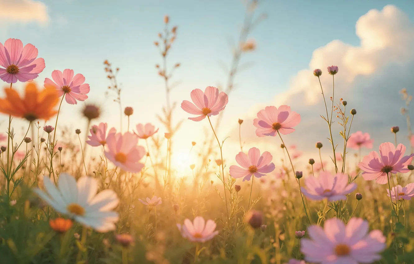 Photo wallpaper field, flowers, spring, colorful, meadow, blossom, flowers, spring