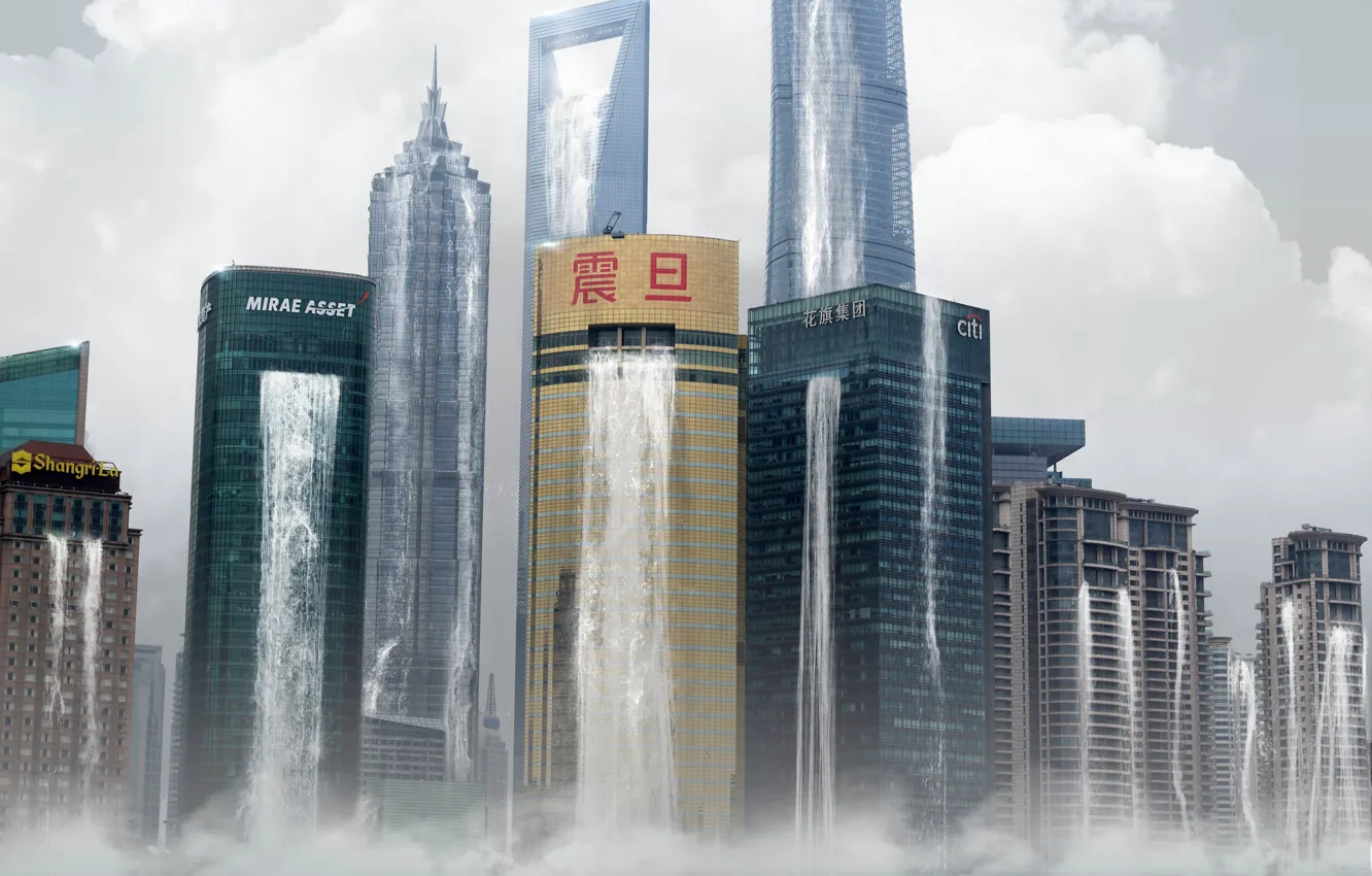 Photo wallpaper water, city, the city, fiction, building, waterfall, skyscrapers, art