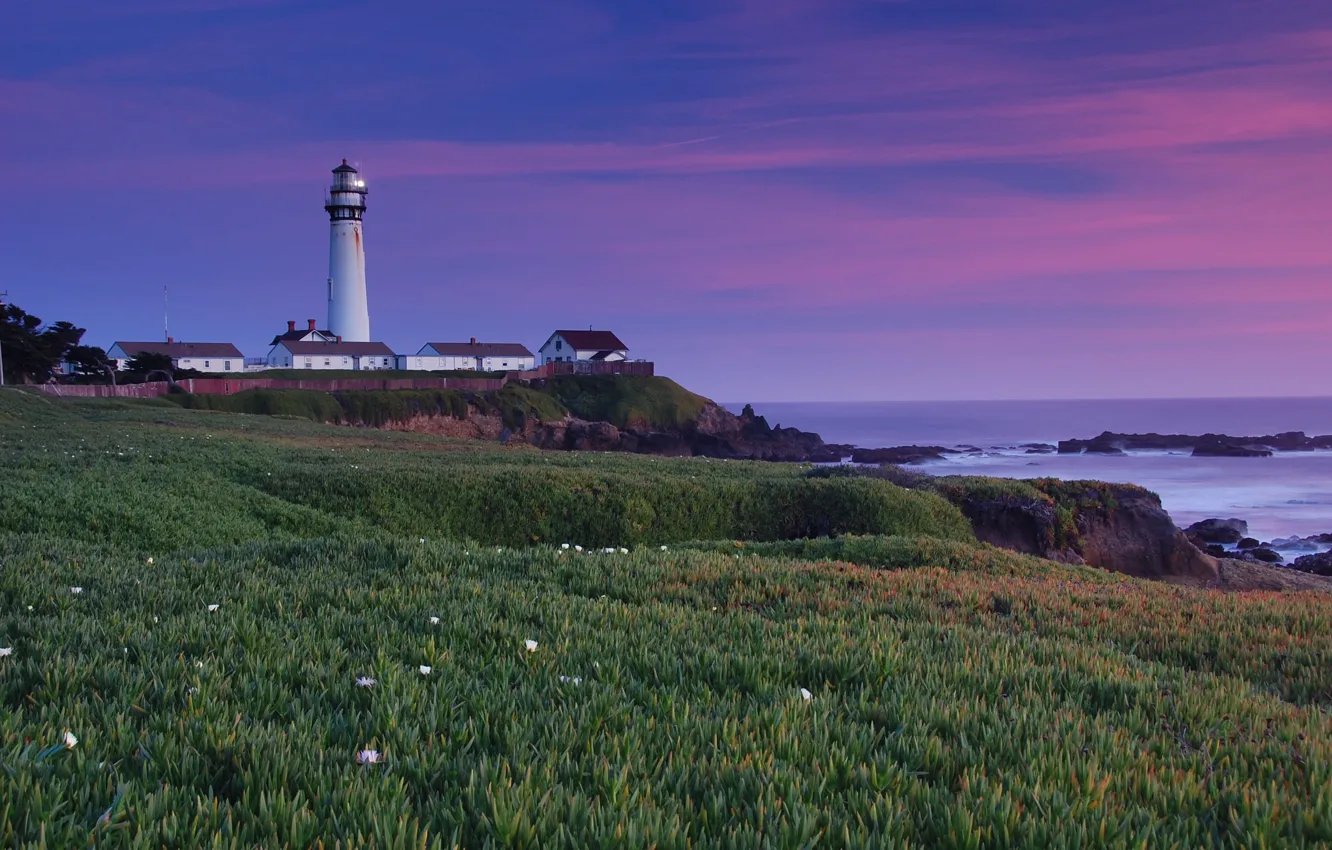 Photo wallpaper grass, landscape, sunset, nature, the ocean, shore, lighthouse, home