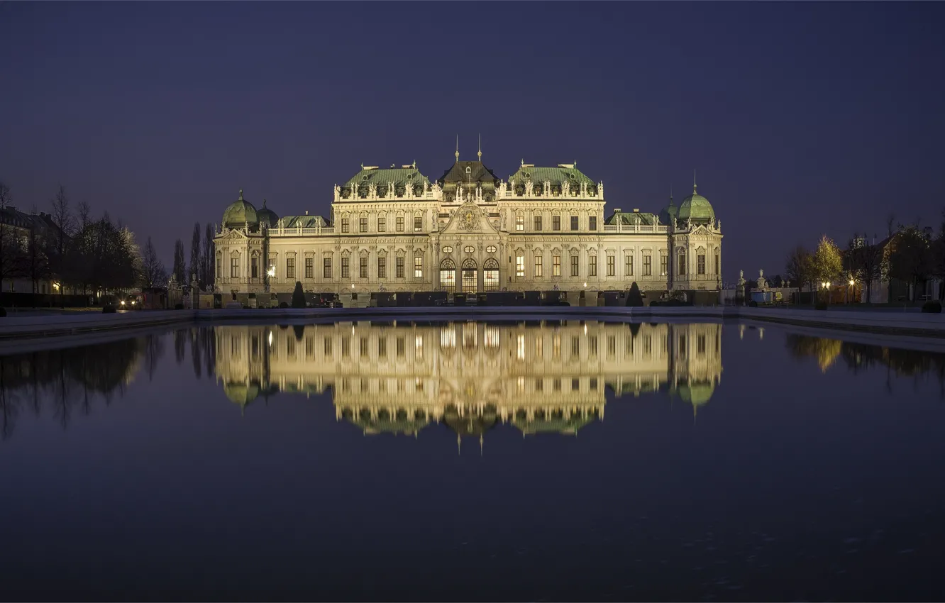 Photo wallpaper lights, pond, reflection, castle, the evening, Austria, Vienna