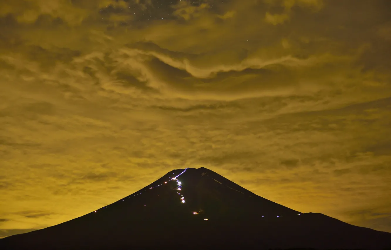 Photo wallpaper the sky, clouds, night, lights, Japan, mount Fuji