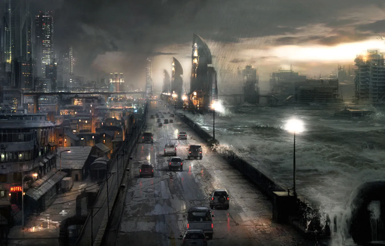 Photo wallpaper road, machine, night, the city, Apocalypse, storm