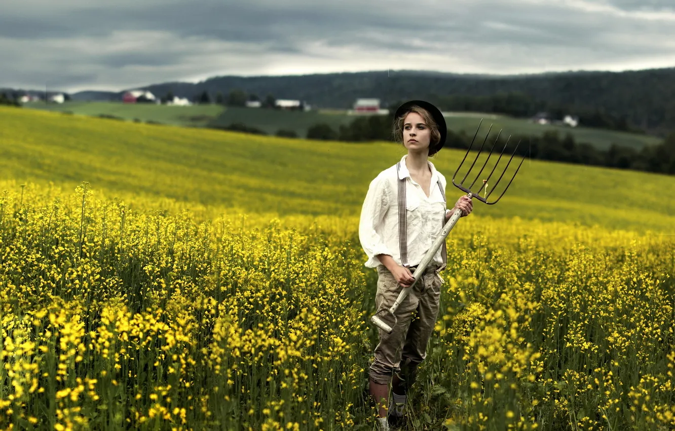 Photo wallpaper field, girl, rape, pitchfork