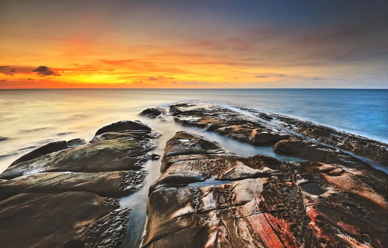 Photo wallpaper sea, the sky, clouds, sunrise, stones, morning, horizon