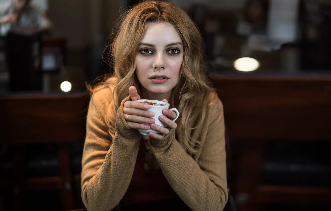 Photo wallpaper look, pose, model, portrait, makeup, hairstyle, Cup, brown hair