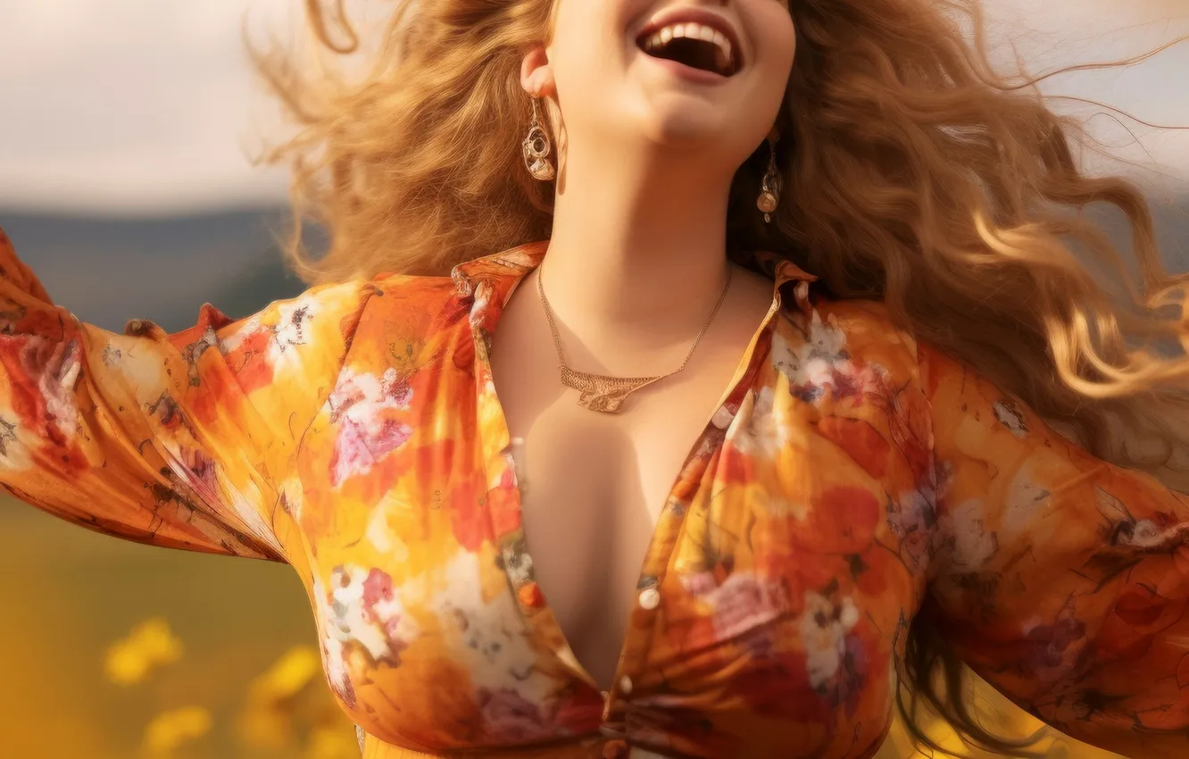 Photo wallpaper girl, joy, happiness, smile, hair, laughter, digital art, AI art