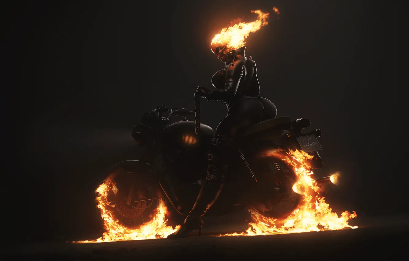 Photo wallpaper Minimalism, Skull, Fire, Chain, Motorcycle, Background, Ghost Rider, Ghost rider
