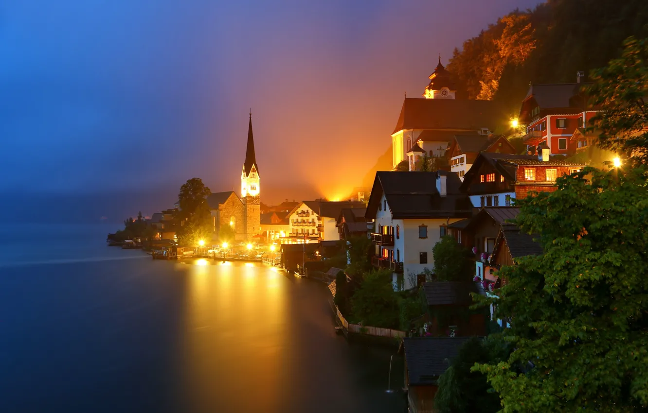 Photo wallpaper mountains, night, lights, lake, home, Austria, Alps, Austria