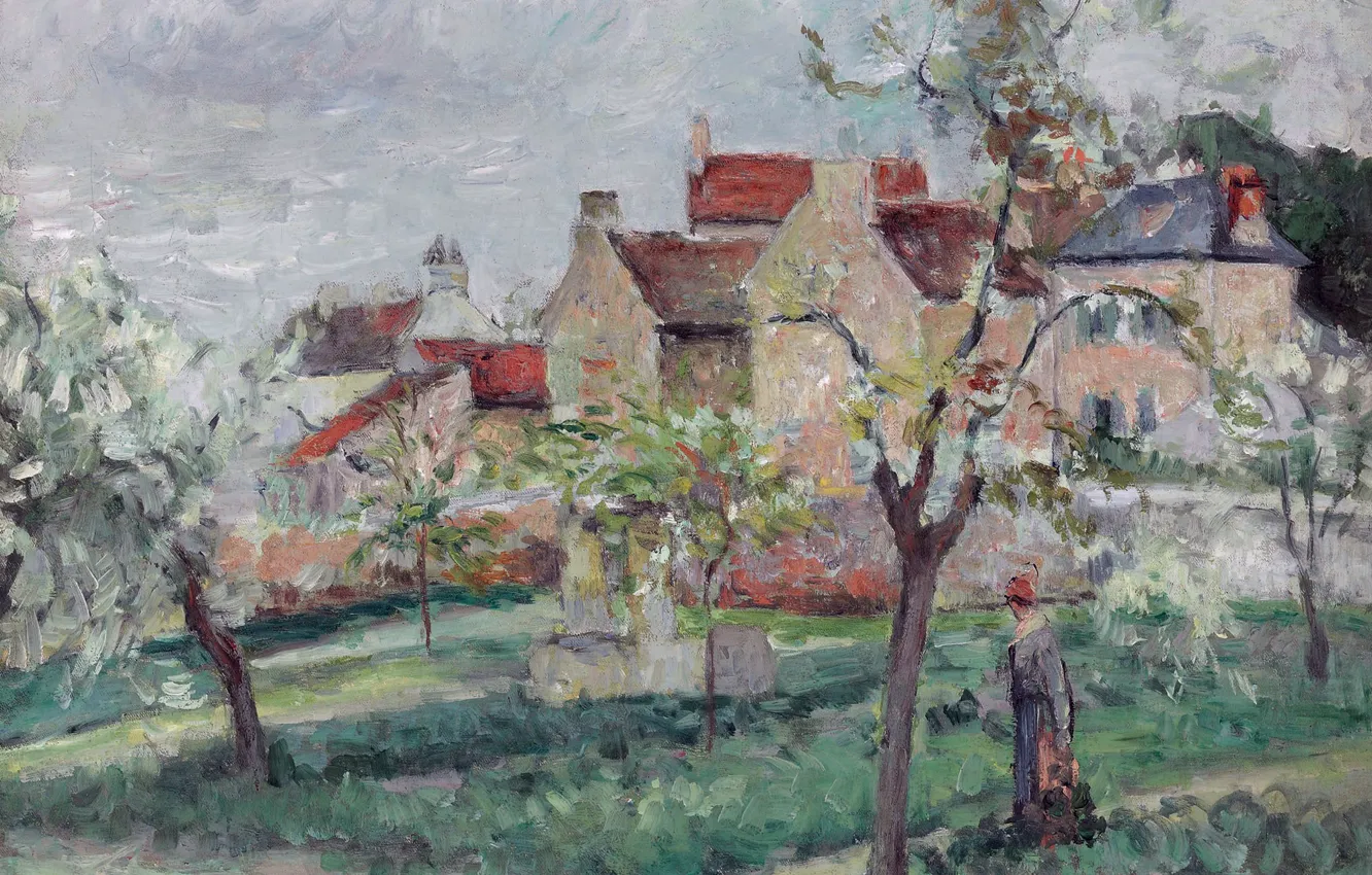 Photo wallpaper landscape, house, picture, garden, Camille Pissarro, Flowering Plums. PONTOISE